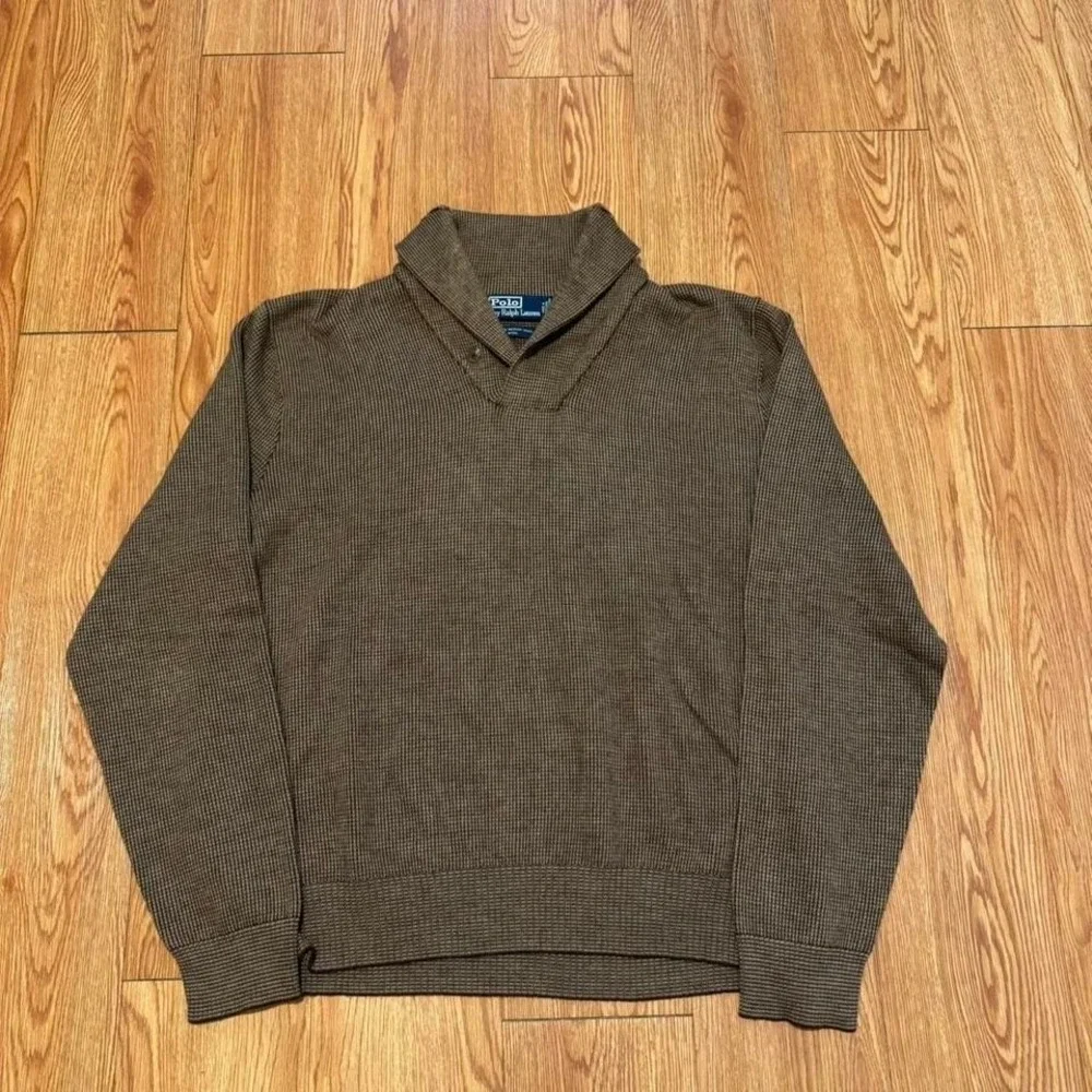 Polo Ralph Lauren Men's Wool Shawl Neck Sweater‎ Brown Herringbone Size XL